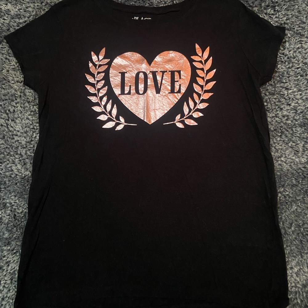 The Children's Place Black Tee with Rose Gold Heart LOVE Graphic
